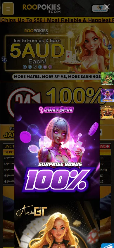 Roopokies Casino home screen on a mobile browser