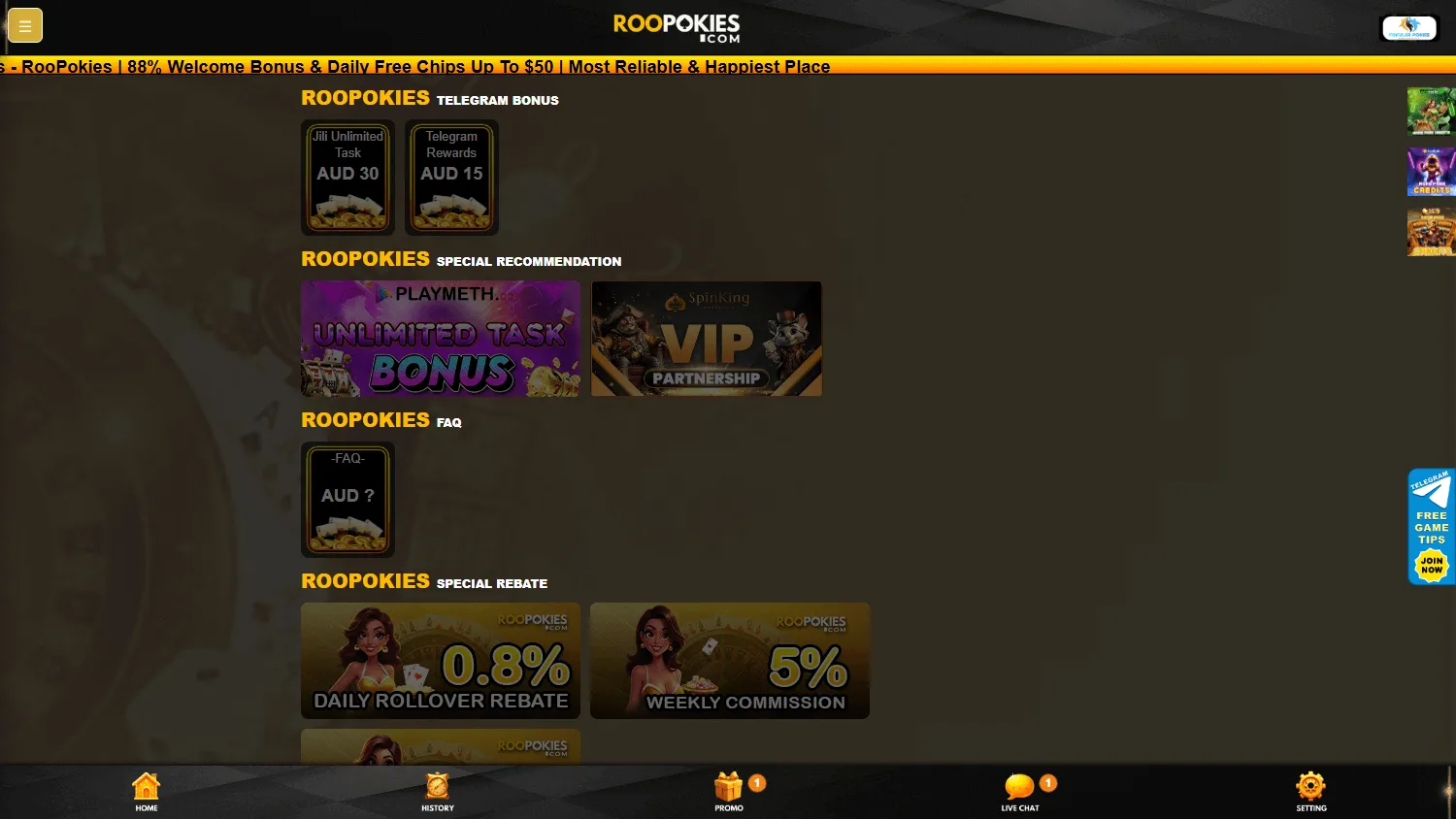 Roopokies Casino promotions area on desktop