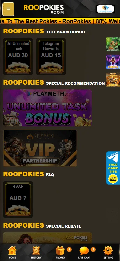 Roopokies Casino promotions area on a mobile browser
